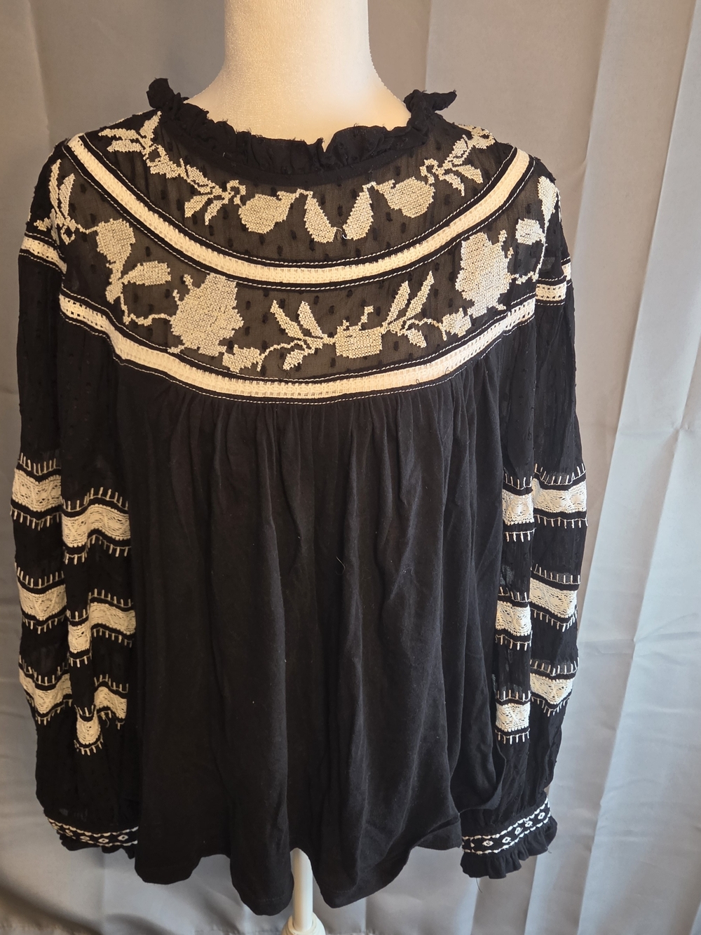 Maeve Black Blouse with Cream Floral Embroidery